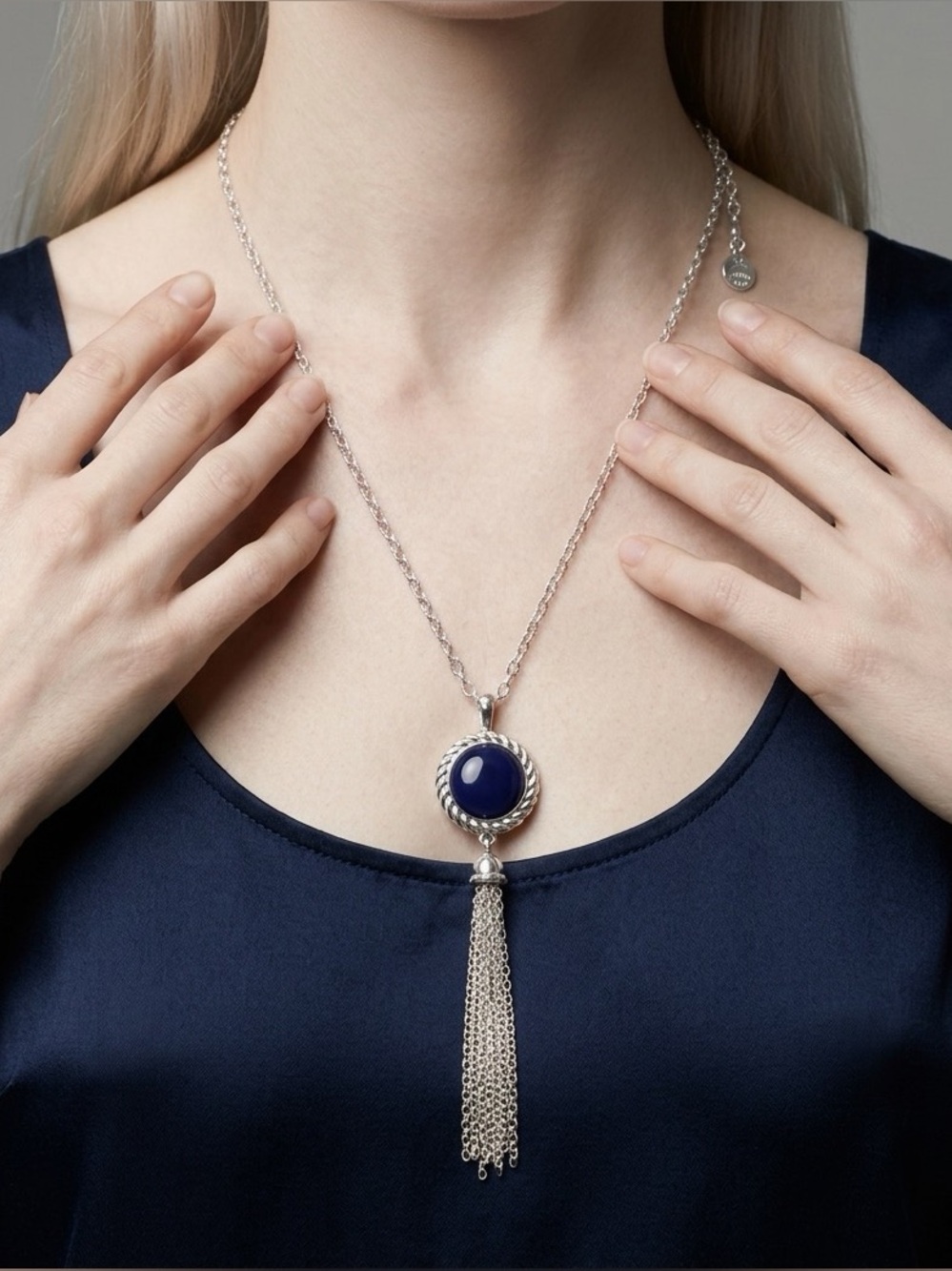 Liz Claiborne 1976 Blue Cabochon
Tassel Pendant Necklace
Silver Tone 28”